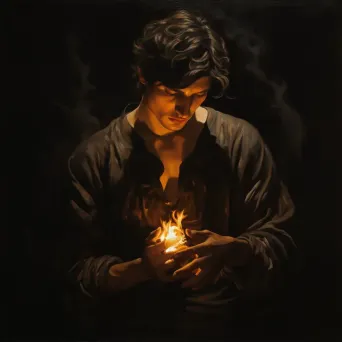 Grieving figure holding a brilliantly glowing ember in a chiaroscuro style painting - Image 3