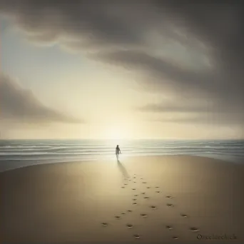 Solitary figure walking on a deserted beach at sunset, leaving footprints in the sand - Image 2