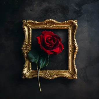 Velvet red rose in vintage golden frame against dark background - Image 1