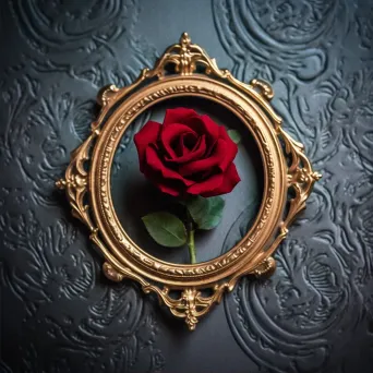 Velvet red rose in vintage golden frame against dark background - Image 2