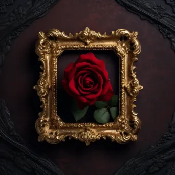 Velvet red rose in vintage golden frame against dark background - Image 4