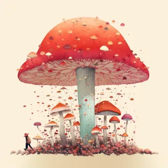 Colorful forest landscape with oversized mushrooms replacing trees - Image 2