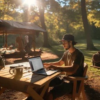 Freelancer working outdoors at a picnic table - Image 3