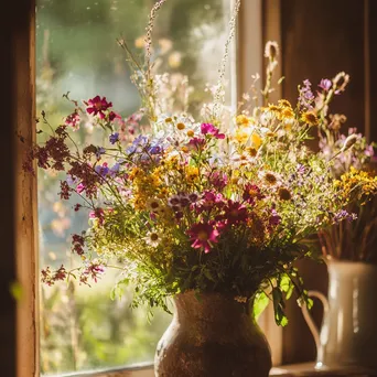 Close-up of wildflowers arranged in rustic vase - Image 1