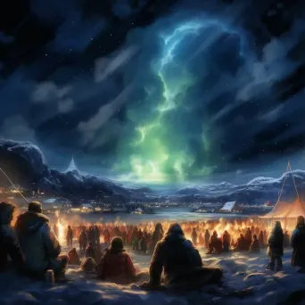 Image of a festival with people around a bonfire and Northern Lights in the sky - Image 1