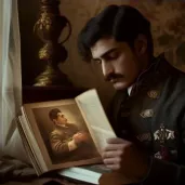 Man viewing faded photo album in warm lighting - Image 4