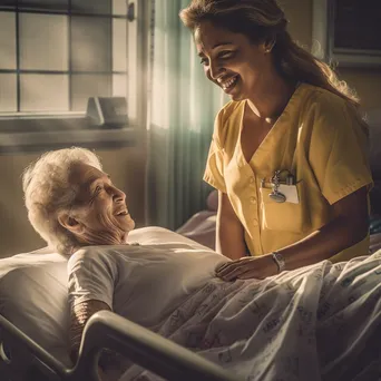 Nurse smiling while assisting elderly patient in hospital - Image 1