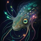 Illustration of a colorful deep-sea creature with long tentacles and bioluminescent spots - Image 1