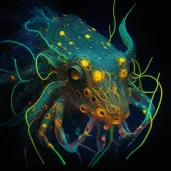 Illustration of a colorful deep-sea creature with long tentacles and bioluminescent spots - Image 3