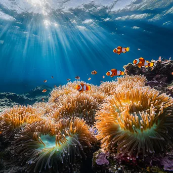 Underwater shot of clownfish swimming among colorful sea anemones. - Image 2