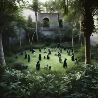 Artistic depiction of children exploring a backyard jungle with hidden temples - Image 3