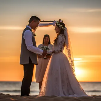 Couple exchanging vows during a sunset beach wedding. - Image 1