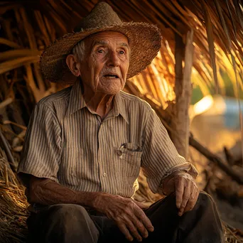 Elderly thatcher sharing stories by a thatched roof - Image 2