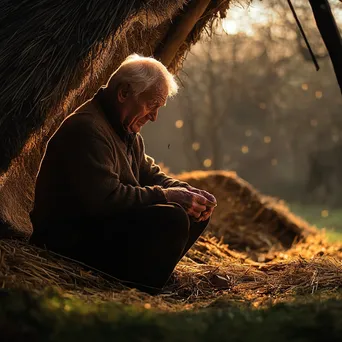 Elderly thatcher sharing stories by a thatched roof - Image 3