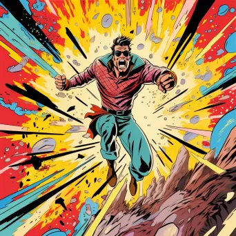 Vibrant pop-art scene of a superhero leaping from an explosion - Image 1