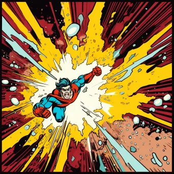 Vibrant pop-art scene of a superhero leaping from an explosion - Image 2