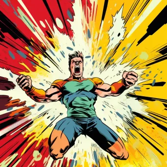 Vibrant pop-art scene of a superhero leaping from an explosion - Image 3