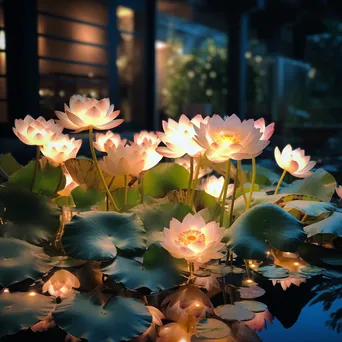 Lotus flowers floating in an illuminated oasis pond - Image 1