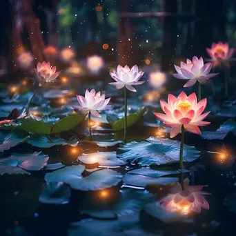 Lotus flowers floating in an illuminated oasis pond - Image 3