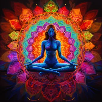 Expressionist artwork of illuminated chakras within a meditating silhouette - Image 1