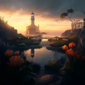 Image of a coastal garden at sunset with a lighthouse view and sea reflections - Image 2