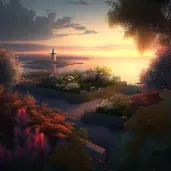 Image of a coastal garden at sunset with a lighthouse view and sea reflections - Image 3