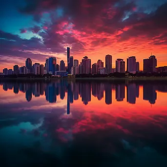 Long exposure photo of city skyline reflected in a lake during sunset - Image 1