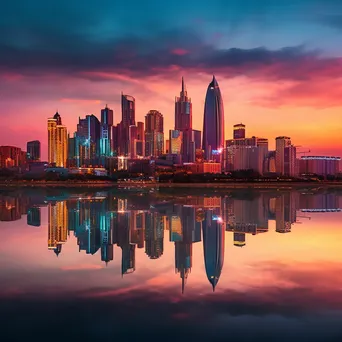 Long exposure photo of city skyline reflected in a lake during sunset - Image 3