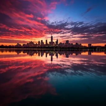 Long exposure photo of city skyline reflected in a lake during sunset - Image 4