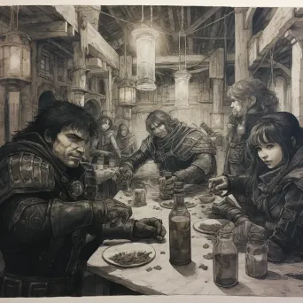 Detailed ink-drawing of a lively medieval fantasy tavern scene in manga style - Image 1