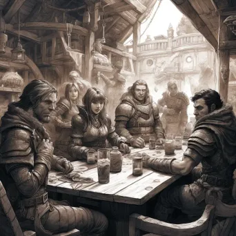 Detailed ink-drawing of a lively medieval fantasy tavern scene in manga style - Image 4