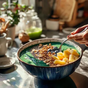 Individual preparing a smoothie bowl with fruits and granola - Image 2