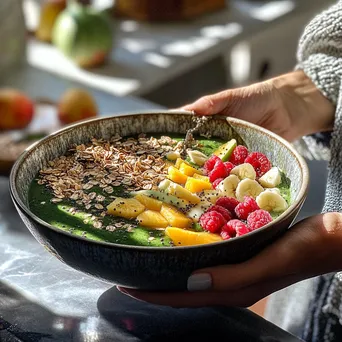 Individual preparing a smoothie bowl with fruits and granola - Image 3