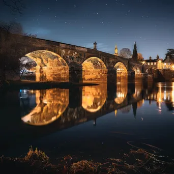 Long exposure photo of a historic bridge reflected in water at night - Image 2