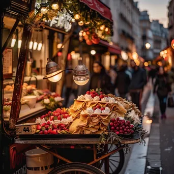 Cart overflowing with freshly made crepes at a busy European street. - Image 1