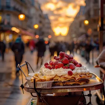 Cart overflowing with freshly made crepes at a busy European street. - Image 2