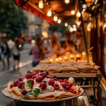 Cart overflowing with freshly made crepes at a busy European street. - Image 4