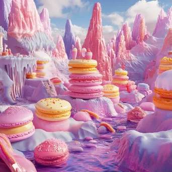 Vibrant pastry shop with floating macarons and cake mountains reminiscent of Candy Crush game - Image 1