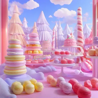 Vibrant pastry shop with floating macarons and cake mountains reminiscent of Candy Crush game - Image 2