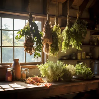 Fresh herbs tied for drying in traditional kitchen with soft light - Image 1