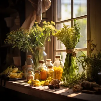 Fresh herbs tied for drying in traditional kitchen with soft light - Image 2