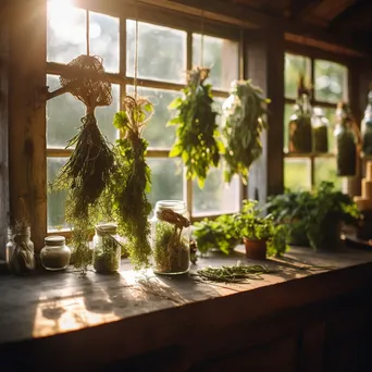 Fresh herbs tied for drying in traditional kitchen with soft light - Image 3