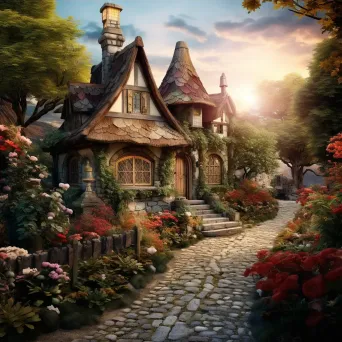 Image of a fairytale-like garden with blooming flowers and an ivy-covered cottage - Image 4