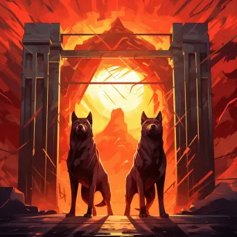 A low poly rendering of Cerberus, with a fiery glow, guarding Hades’ gates - Image 1