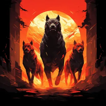 A low poly rendering of Cerberus, with a fiery glow, guarding Hades’ gates - Image 3