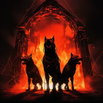 A low poly rendering of Cerberus, with a fiery glow, guarding Hades’ gates - Image 4