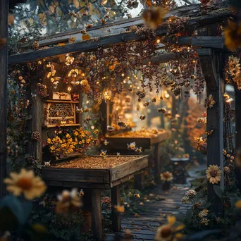 Traditional apiary decorated for autumn with bees and colorful flowers in warm light. - Image 1