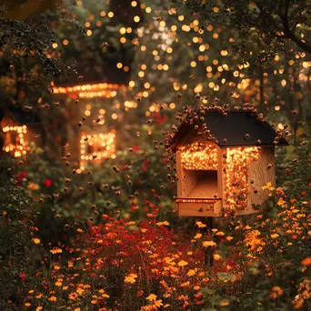 Traditional apiary decorated for autumn with bees and colorful flowers in warm light. - Image 3