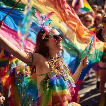 Pride Parade with LGBTQ+ community flags and festive costumes - Image 4