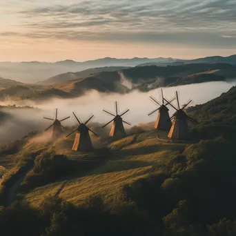 Row of vintage windmills on hillside at dawn - Image 1